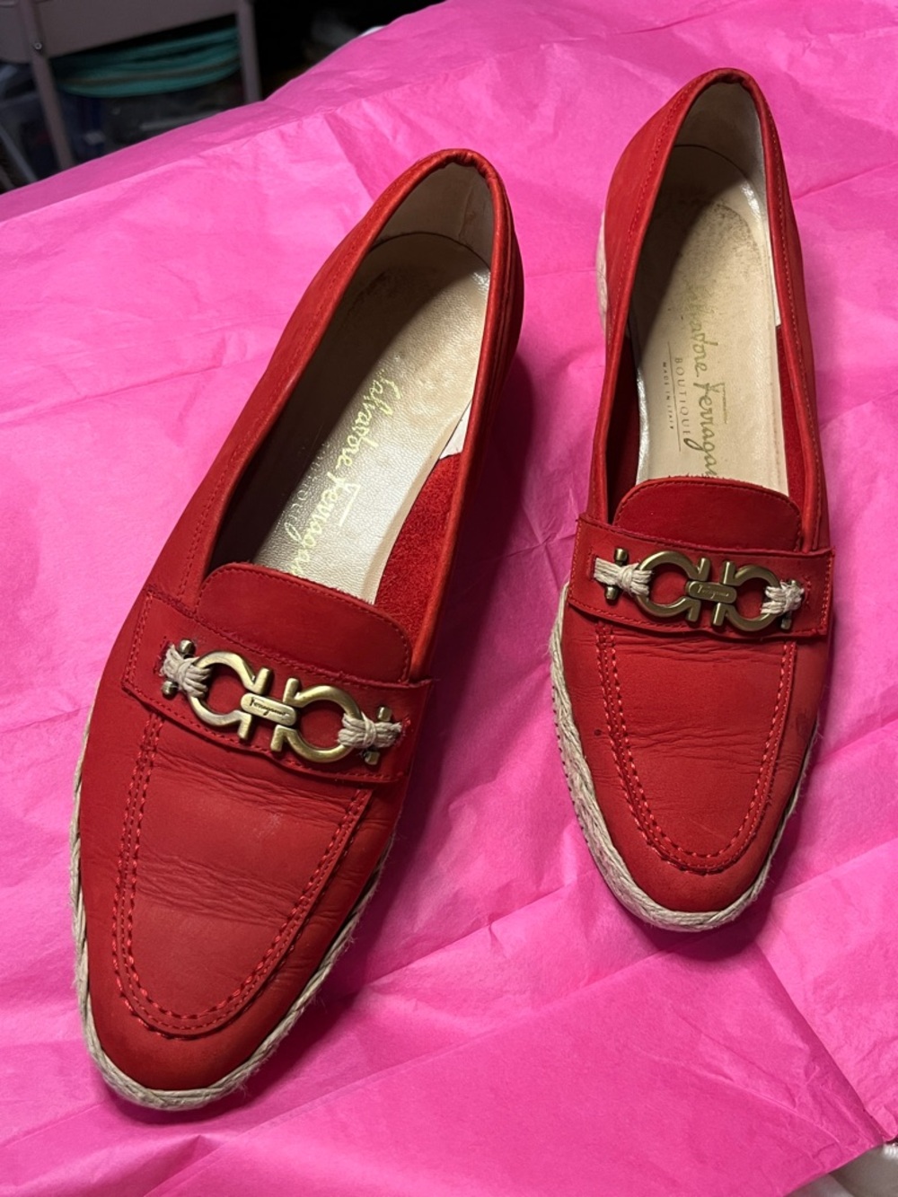 Salvatore Ferragamo Red Leather Gancini Loafers with Braided Trim